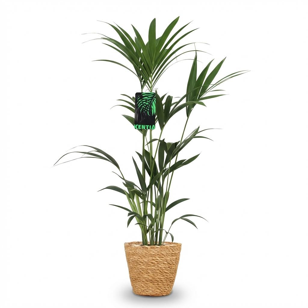 Kamerplant - Howea Forsteriana - Kentia Palm - Weinig Onderhoud - Groen - 1 Plant - met Mand - Pot 21cm - Hoogte 120-130cm