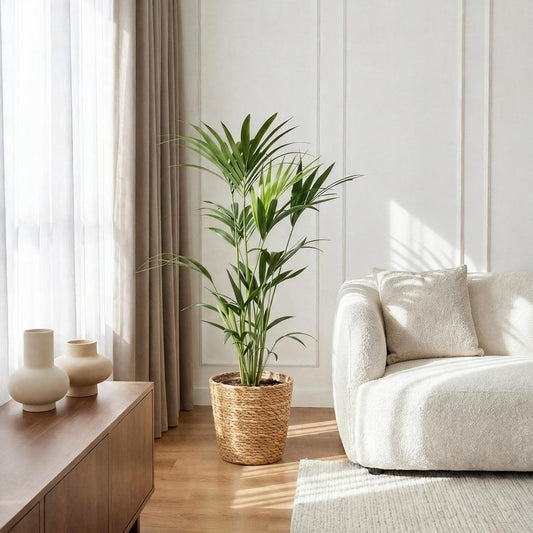 Kamerplant - Howea Forsteriana - Kentia Palm - Weinig Onderhoud - Groen - 1 Plant - met Mand - Pot 21cm - Hoogte 120-130cm