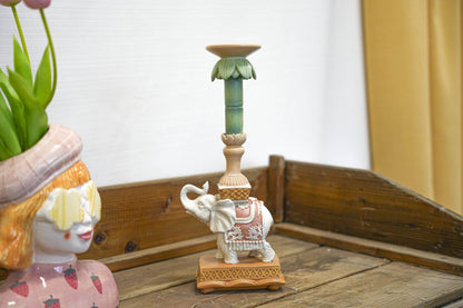 Kandelaar - Olifant roze/groen - Polyresin - 34,50 cm