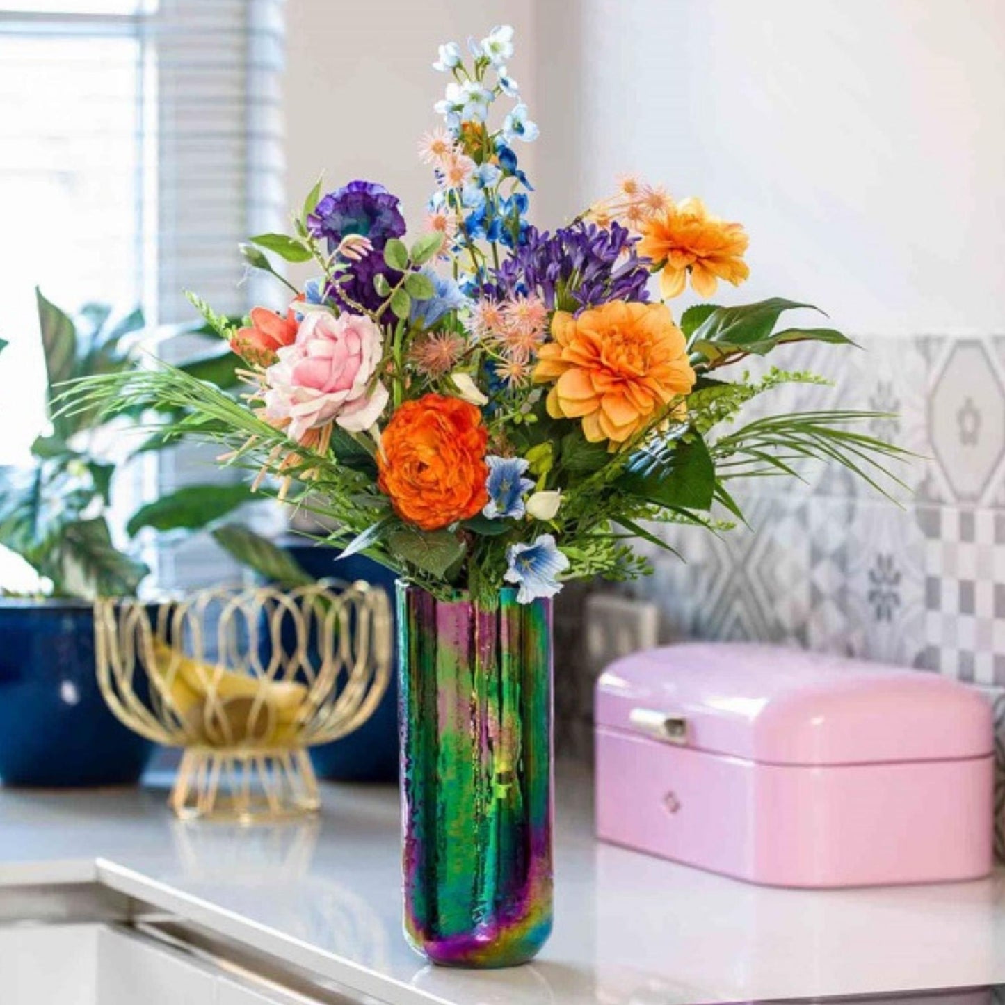 Kunstbloemen Boeket “Colorful Bloom Deluxe” – Real Touch – 70 cm – 18 Stelen