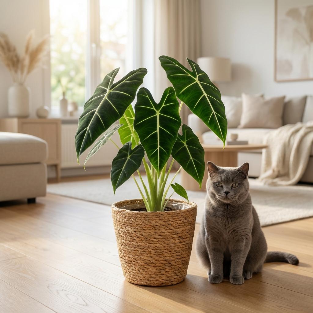 Olifantsoor - Alocasia Frydek - Groen - Weinig onderhoud - 1 Plant - met Mand - Pot 19cm - Hoogte 60cm