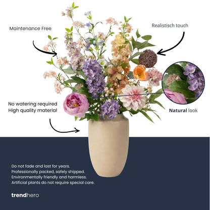 Kunstbloemen Boeket Pastel Meadow Deluxe - Real Touch - 15 Stelen - ↑ 100 cm