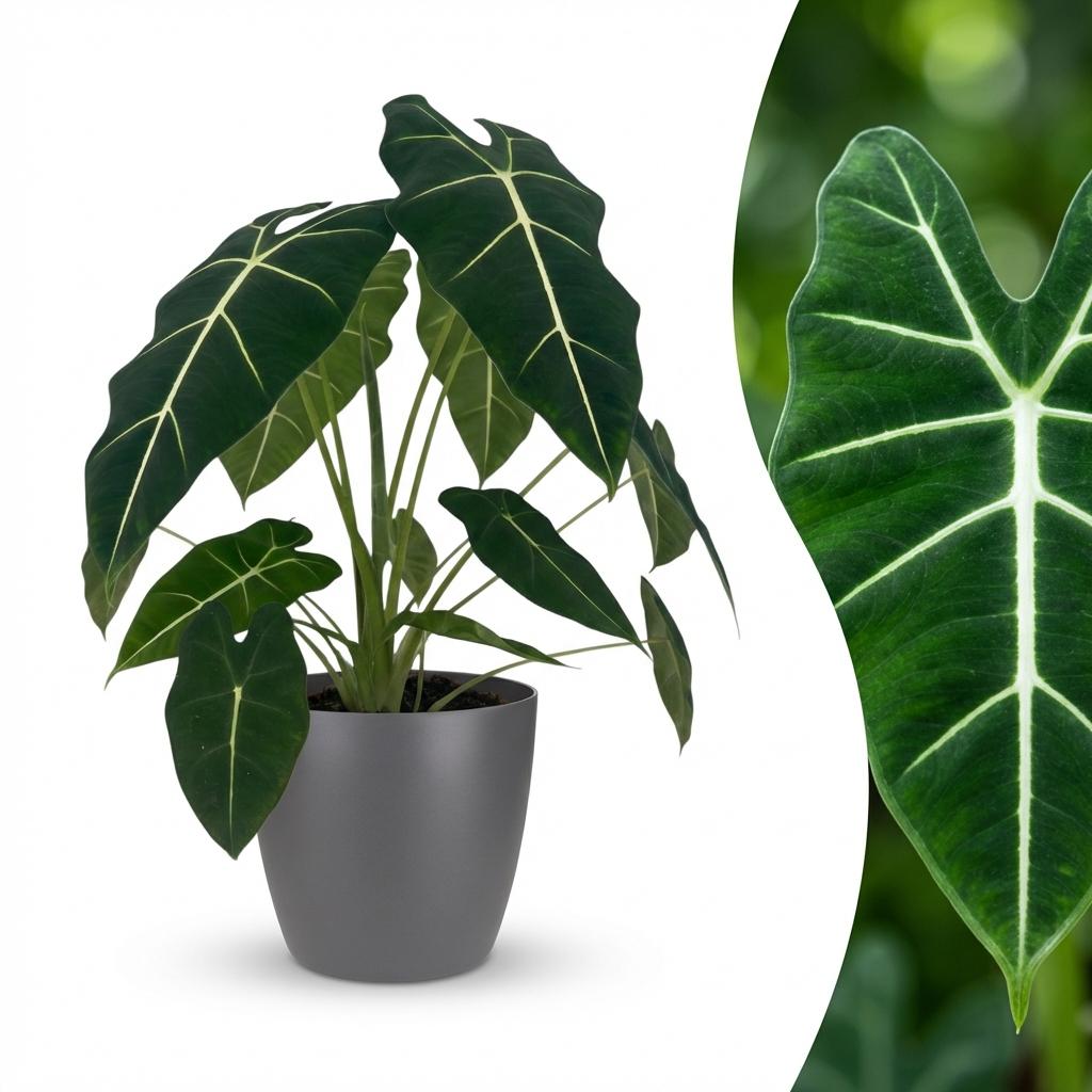 Olifantsoor - Alocasia Frydek - Groen - Weinig onderhoud - 1 Plant - met Potter Grijs - Pot 19cm - Hoogte 60cm