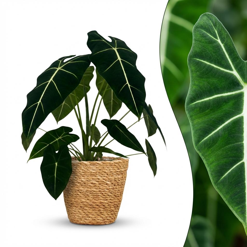 Olifantsoor - Alocasia Frydek - Groen - Weinig onderhoud - 1 Plant - met Mand - Pot 19cm - Hoogte 60cm